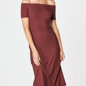 Soft Off Shoulder Midi Dress in Burgundy